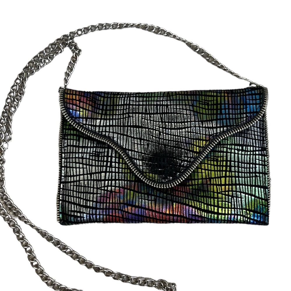 JJ Winters Renee metallic multicolor black silver rainbow crossbody clutch purse